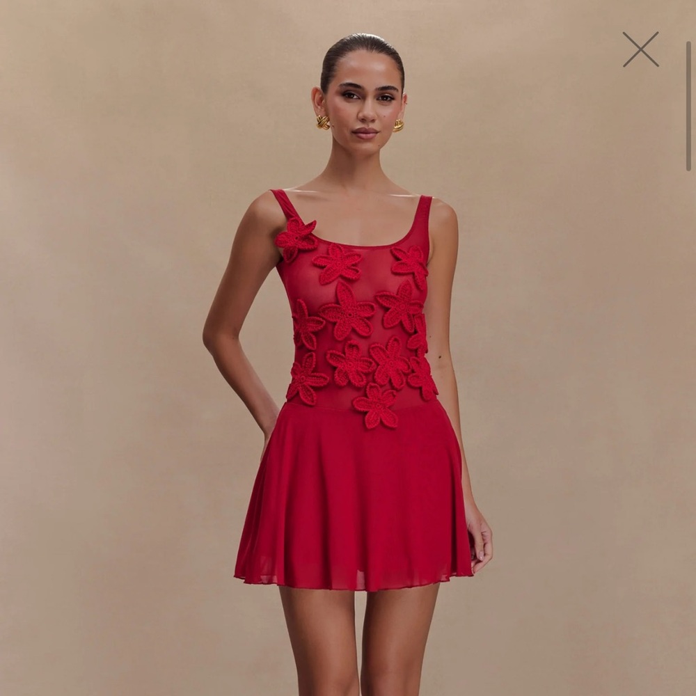 MESHKI Melanie Mesh Mini Dress With Flowers - Ruby - NWT
